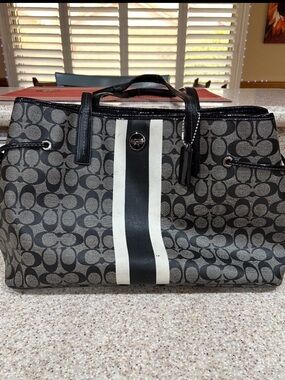 Vintage Coach Gray Signature Canvas Tote with Black & White Racing Stripe